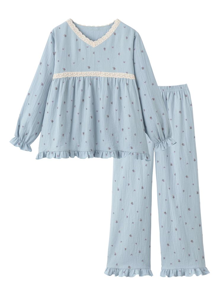 Cotton 100% Double Gauze Floral Frill Long-Sleeve Pajamas