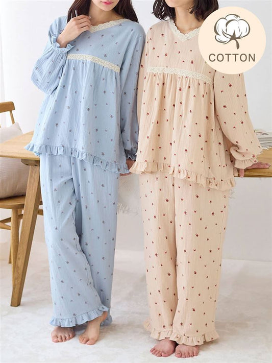 Cotton 100% Double Gauze Floral Frill Long-Sleeve Pajamas