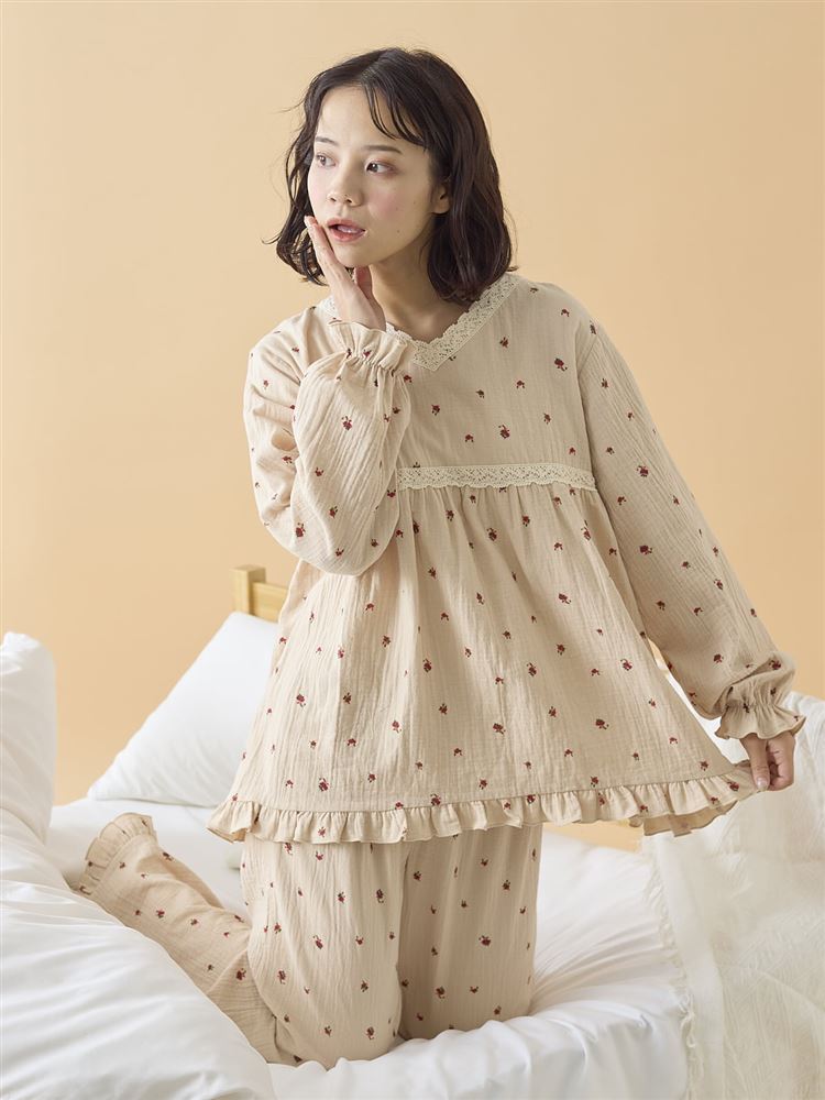Cotton 100% Double Gauze Floral Frill Long-Sleeve Pajamas
