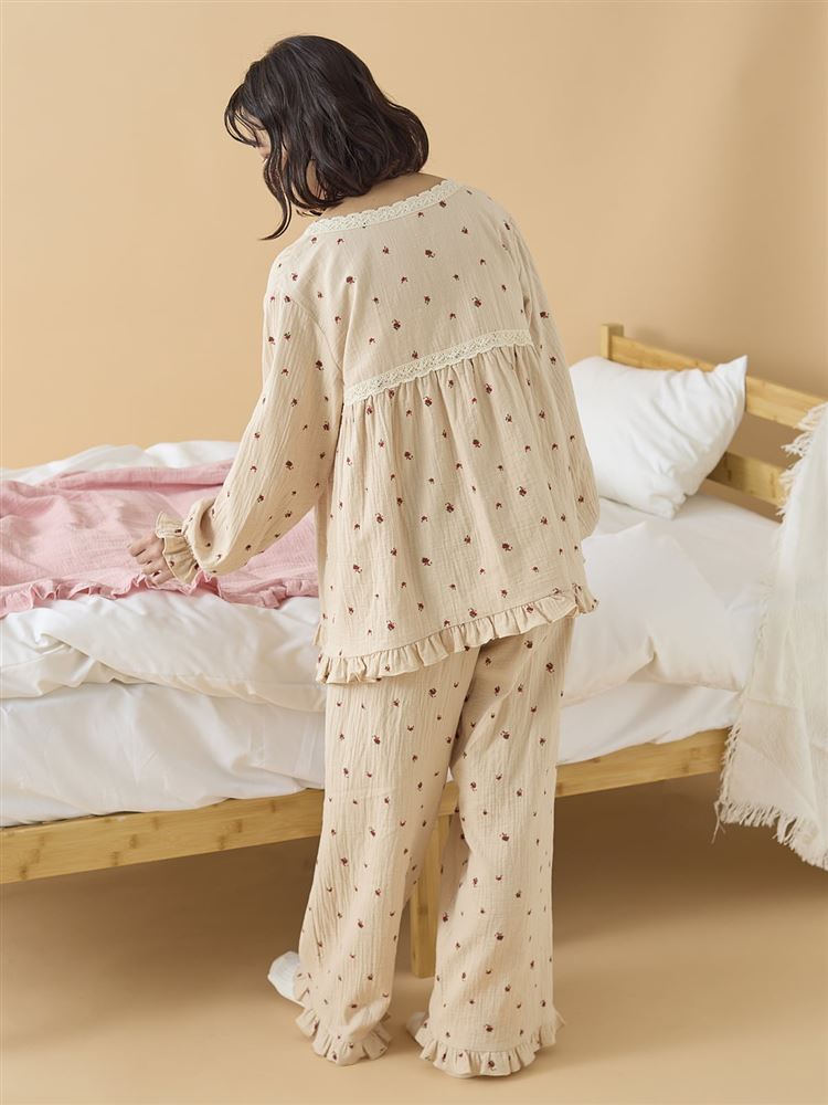 Cotton 100% Double Gauze Floral Frill Long-Sleeve Pajamas