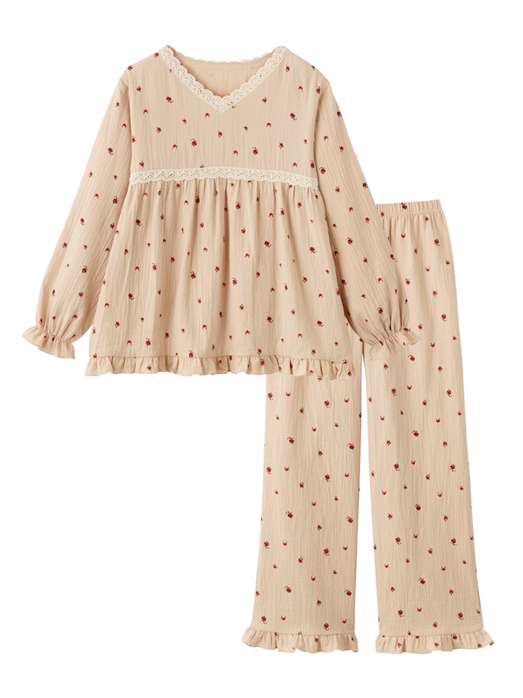 Cotton 100% Double Gauze Floral Frill Long-Sleeve Pajamas