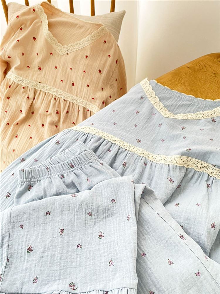 Cotton 100% Double Gauze Floral Frill Long-Sleeve Pajamas