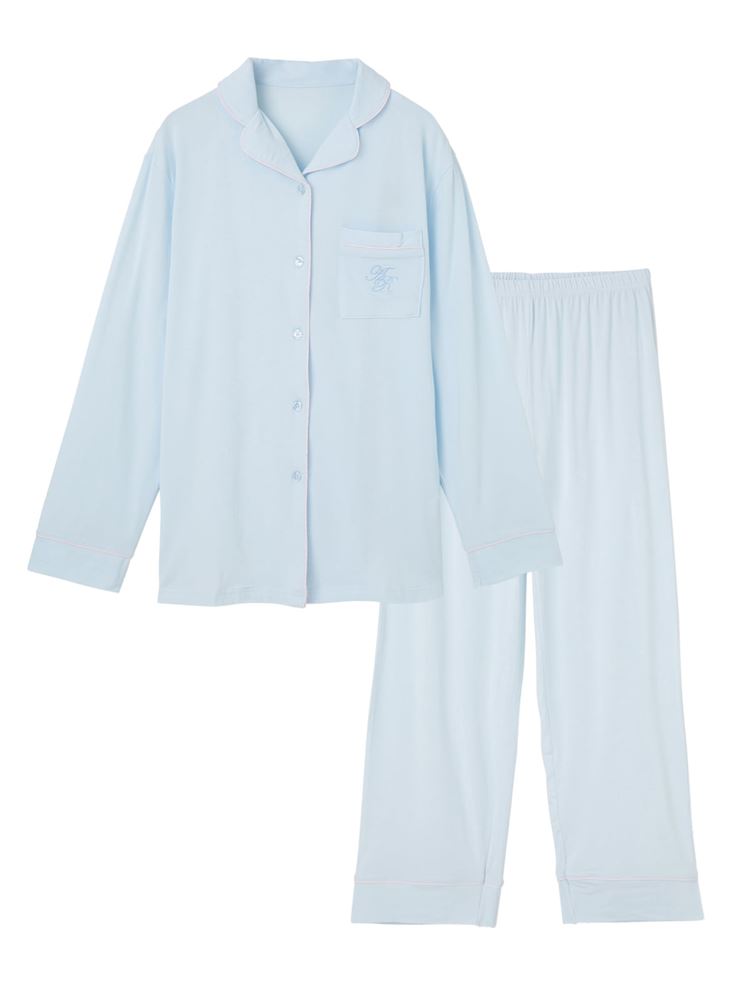 Temperature Control Embroidered Logo Front-Open Pajamas – Smooth & Stretchy Loungewear