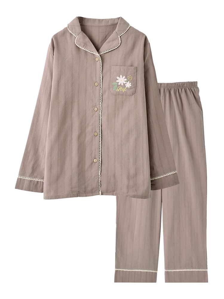 100% Cotton Floral Embroidered Button-Front Pajama Set | Soft & Breathable Loungewear