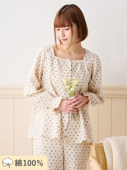 Cotton 100% Floral Double Gauze Long-Sleeve Button-Front Pajamas