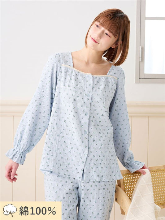 Cotton 100% Floral Double Gauze Long-Sleeve Button-Front Pajamas