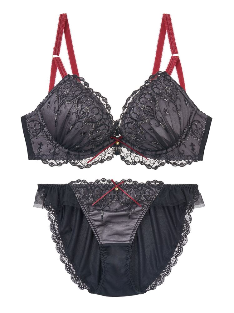 Melty Charme Bra & Panty Set – Heart Motif, Glitter Lace, Deep Cleavage Confidence