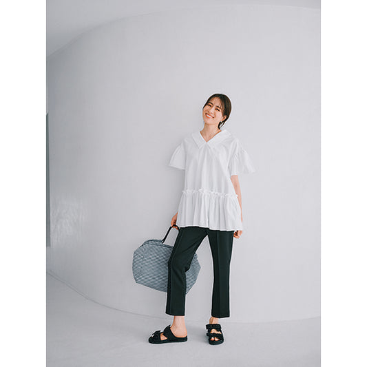 [THREE SQUARE] 2-Way Taffeta Blouse – Reversible V-Neck/Stand Collar (5 Colors)