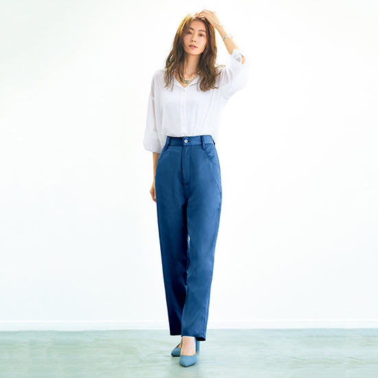 S・girasole Satin Tapered Pants – Relaxed Fit with Denim Details