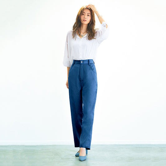 S・girasole Satin Tapered Pants – Relaxed Fit with Denim Details