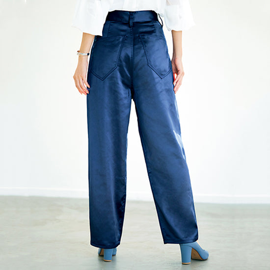 S・girasole Satin Tapered Pants – Relaxed Fit with Denim Details