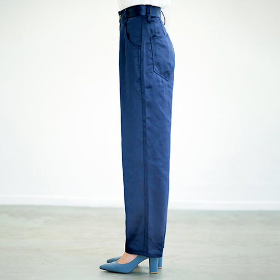 S・girasole Satin Tapered Pants – Relaxed Fit with Denim Details