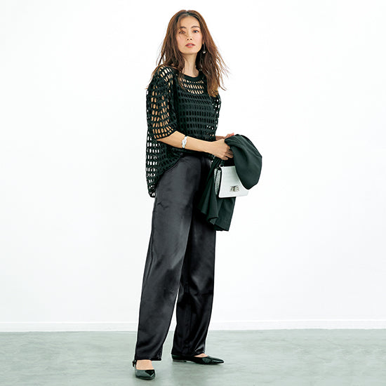 S・girasole Satin Tapered Pants – Relaxed Fit with Denim Details