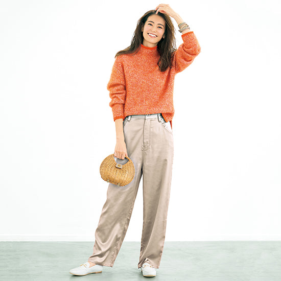 S・girasole Satin Tapered Pants – Relaxed Fit with Denim Details