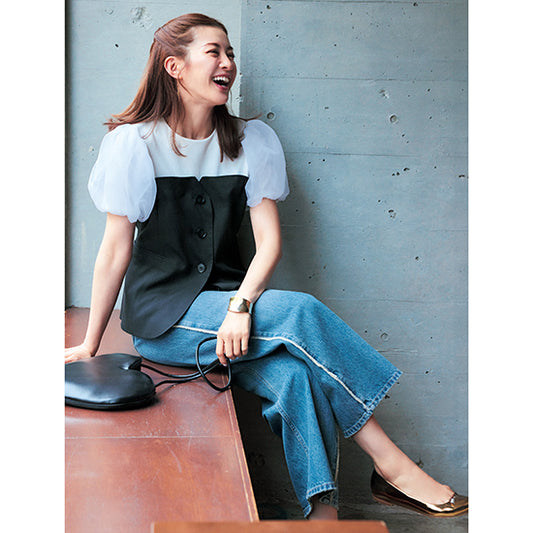 THREE SQUARE Bustier-Style Layered Blouse with Tulle Sleeves – Adjustable Back Belt – 3 Color Options