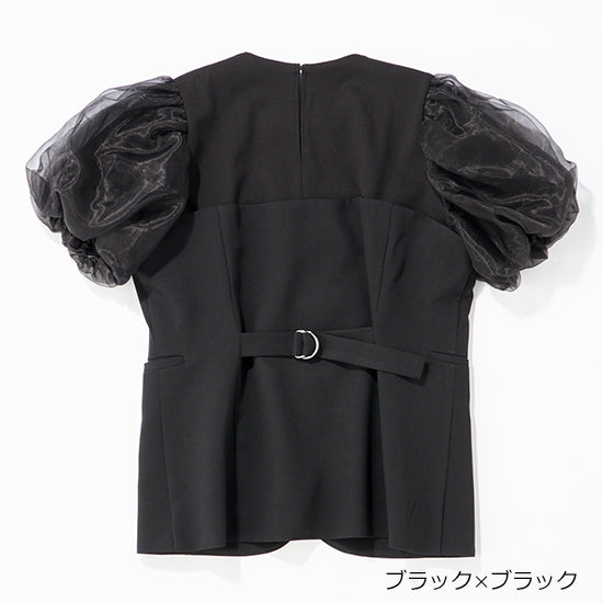 THREE SQUARE Bustier-Style Layered Blouse with Tulle Sleeves – Adjustable Back Belt – 3 Color Options