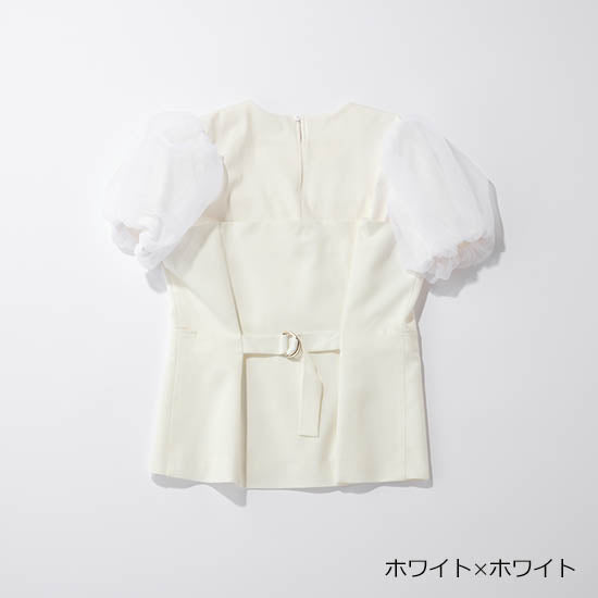 THREE SQUARE Bustier-Style Layered Blouse with Tulle Sleeves – Adjustable Back Belt – 3 Color Options