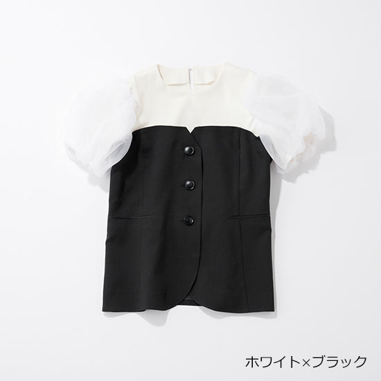THREE SQUARE Bustier-Style Layered Blouse with Tulle Sleeves – Adjustable Back Belt – 3 Color Options