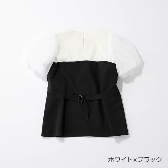 THREE SQUARE Bustier-Style Layered Blouse with Tulle Sleeves – Adjustable Back Belt – 3 Color Options