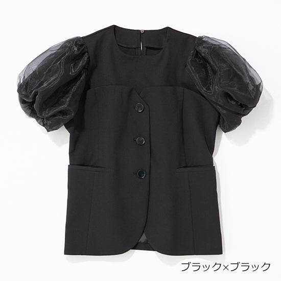THREE SQUARE Bustier-Style Layered Blouse with Tulle Sleeves – Adjustable Back Belt – 3 Color Options