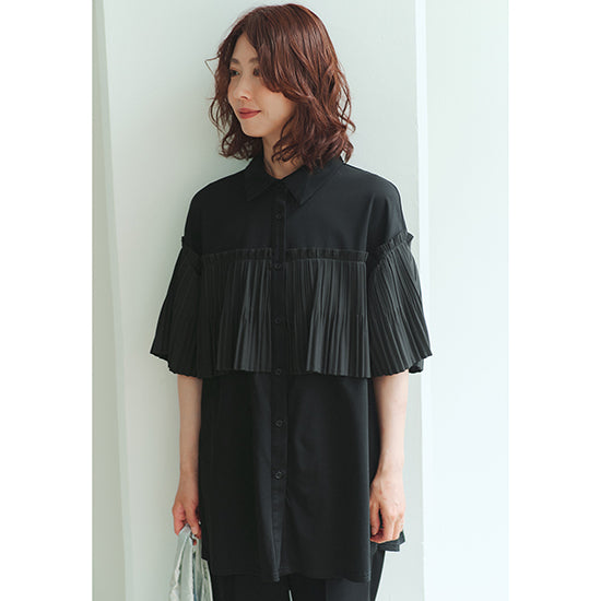 Fellini Decorative Pleated Collar Cotton Top Sophisticated Pleats with Everyday Ease