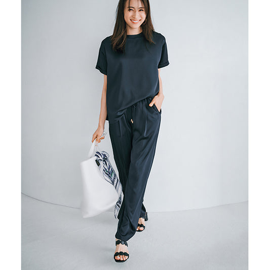 Emma Taylor Stretch Satin Tuck Wide-Leg Pants – Effortless Elegance (Navy/Charcoal/Black)