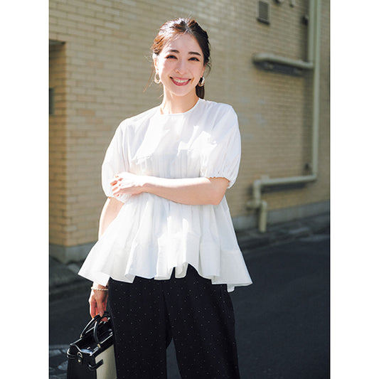 THREE SQUARE Pleated Tuck Blouse with Balloon Sleeves – Elegant Back Zipper – Cotton Blend