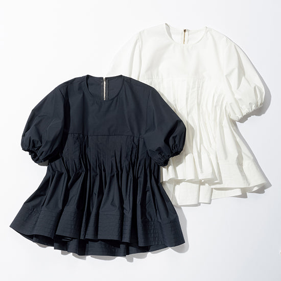THREE SQUARE Pleated Tuck Blouse with Balloon Sleeves – Elegant Back Zipper – Cotton Blend