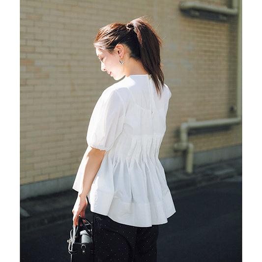 THREE SQUARE Pleated Tuck Blouse with Balloon Sleeves – Elegant Back Zipper – Cotton Blend