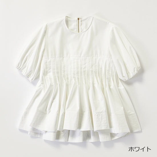 THREE SQUARE Pleated Tuck Blouse with Balloon Sleeves – Elegant Back Zipper – Cotton Blend