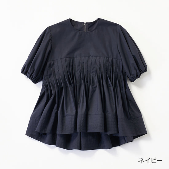 THREE SQUARE Pleated Tuck Blouse with Balloon Sleeves – Elegant Back Zipper – Cotton Blend