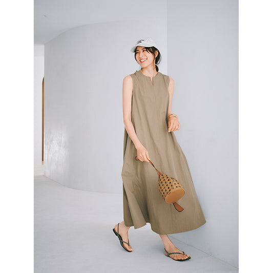 THREE SQUARE Water-Repellent Long Dress - Ash Navy/Mocha (Cotton-Nylon Blend)