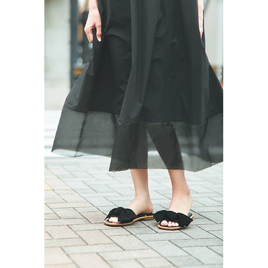 SECRET TROPHY Mixed-Fabric Dress – Organza Hem, Pearl Button Detail – Black / Navy – Elegant One-Piece