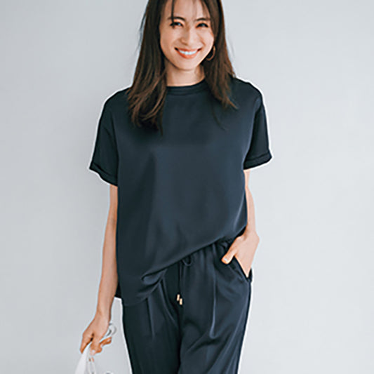 Emma Taylor Zip Satin T-Blouse – Stretch Comfort with Dressy Details (Navy/Black)