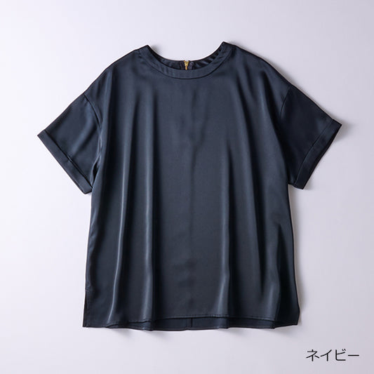 Emma Taylor Zip Satin T-Blouse – Stretch Comfort with Dressy Details (Navy/Black)