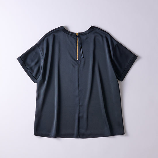 Emma Taylor Zip Satin T-Blouse – Stretch Comfort with Dressy Details (Navy/Black)