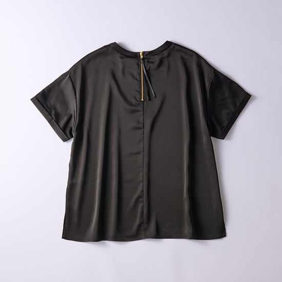 Emma Taylor Zip Satin T-Blouse – Stretch Comfort with Dressy Details (Navy/Black)
