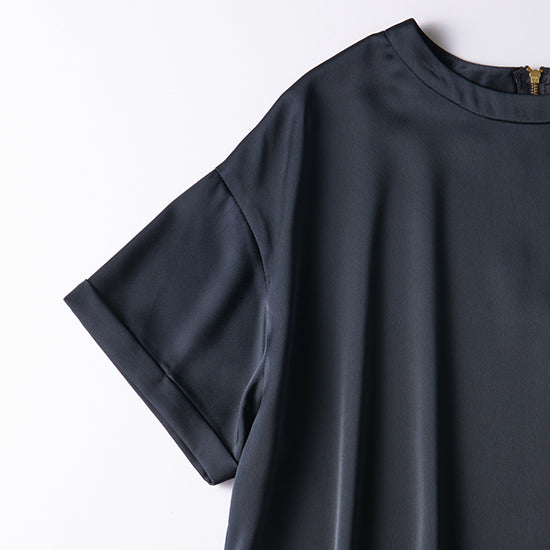 Emma Taylor Zip Satin T-Blouse – Stretch Comfort with Dressy Details (Navy/Black)