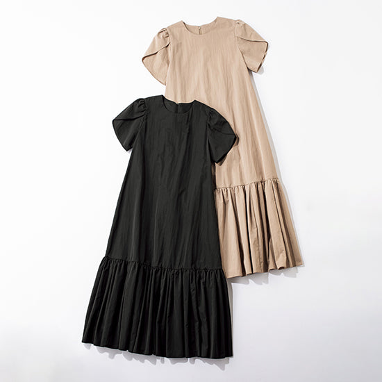 THREE SQUARE Water-Repellent Tulip Sleeve Dress – Dramatic Gather Hem – Black / Milk Tea – Washable One-Piece