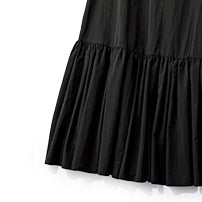 THREE SQUARE Water-Repellent Tulip Sleeve Dress – Dramatic Gather Hem – Black / Milk Tea – Washable One-Piece