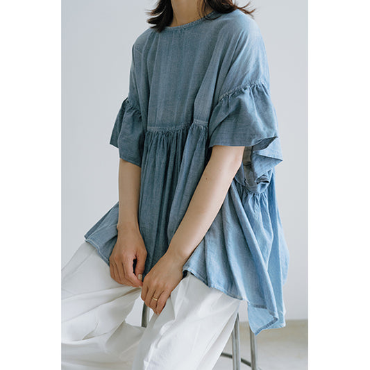 SPANNE Sheer Denim Blouse – Lightweight, Breezy Cotton Top – Sax / Navy – Size 38