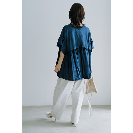 SPANNE Sheer Denim Blouse – Lightweight, Breezy Cotton Top – Sax / Navy – Size 38