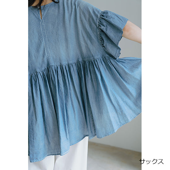 SPANNE Sheer Denim Blouse – Lightweight, Breezy Cotton Top – Sax / Navy – Size 38