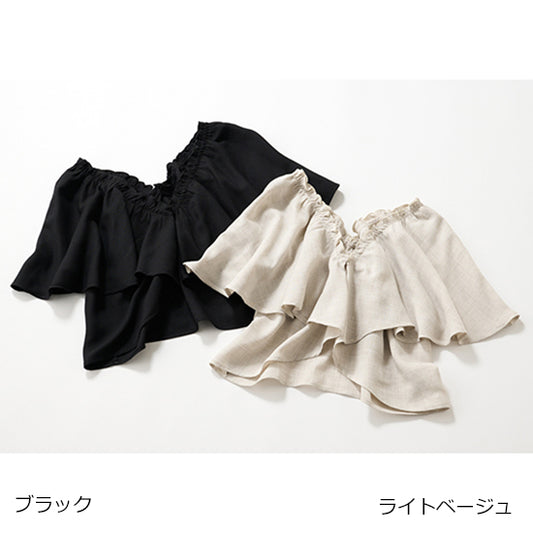 Linen-Look 2-Way Ruffle Cape Collar Top – Black / Light Beige