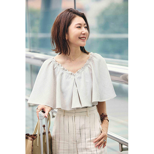 Linen-Look 2-Way Ruffle Cape Collar Top – Black / Light Beige