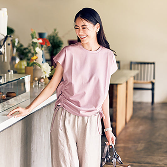 Side-Gather Ribbon T-Shirt – Black / White / Pink