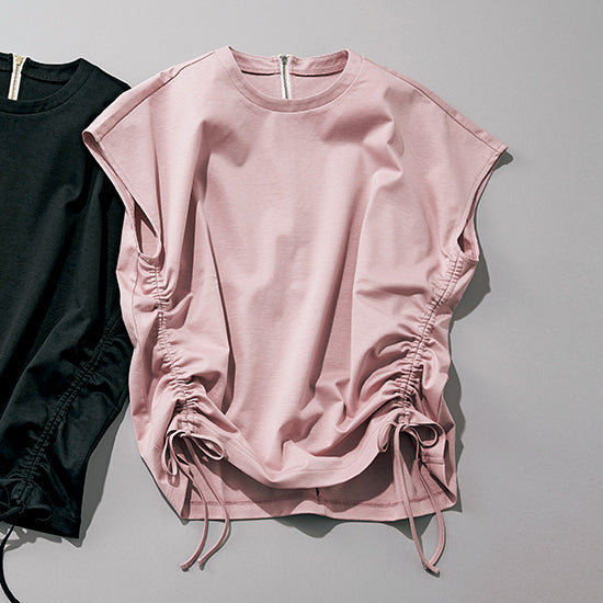 Side-Gather Ribbon T-Shirt – Black / White / Pink