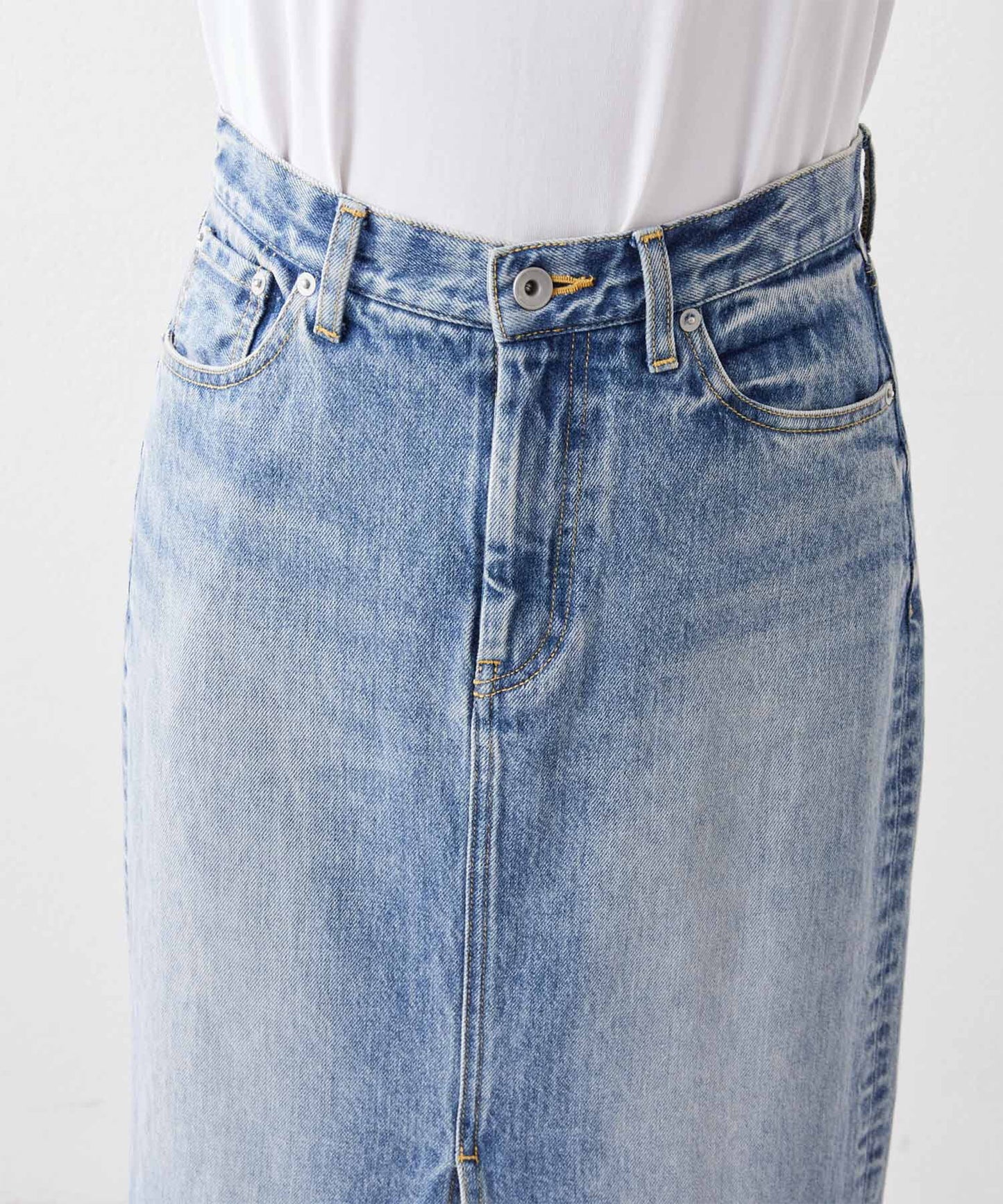 Whim Gazette Denim Slit Skirt  Timeless Long Silhouette with Modern Edge