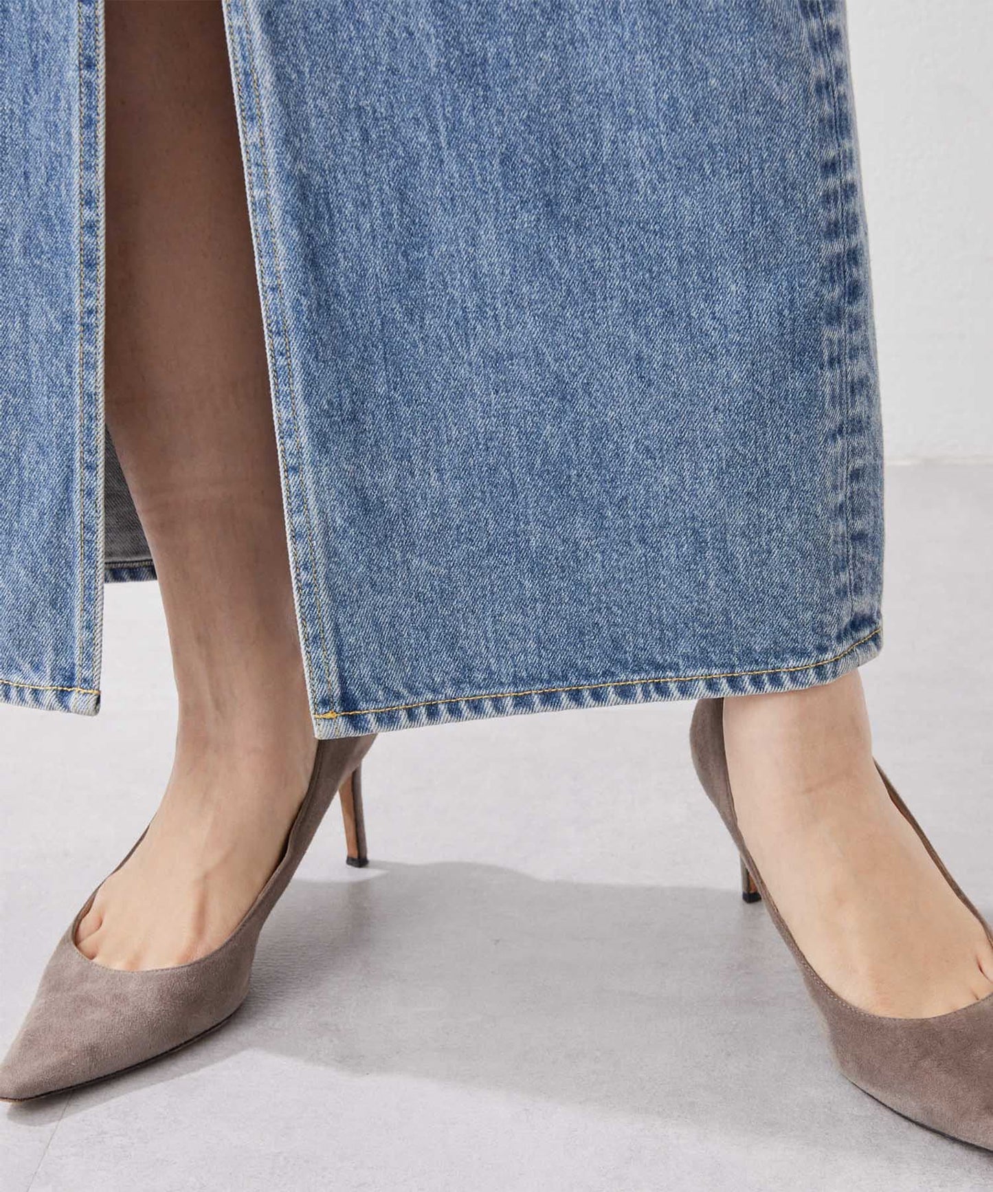Whim Gazette Denim Slit Skirt  Timeless Long Silhouette with Modern Edge