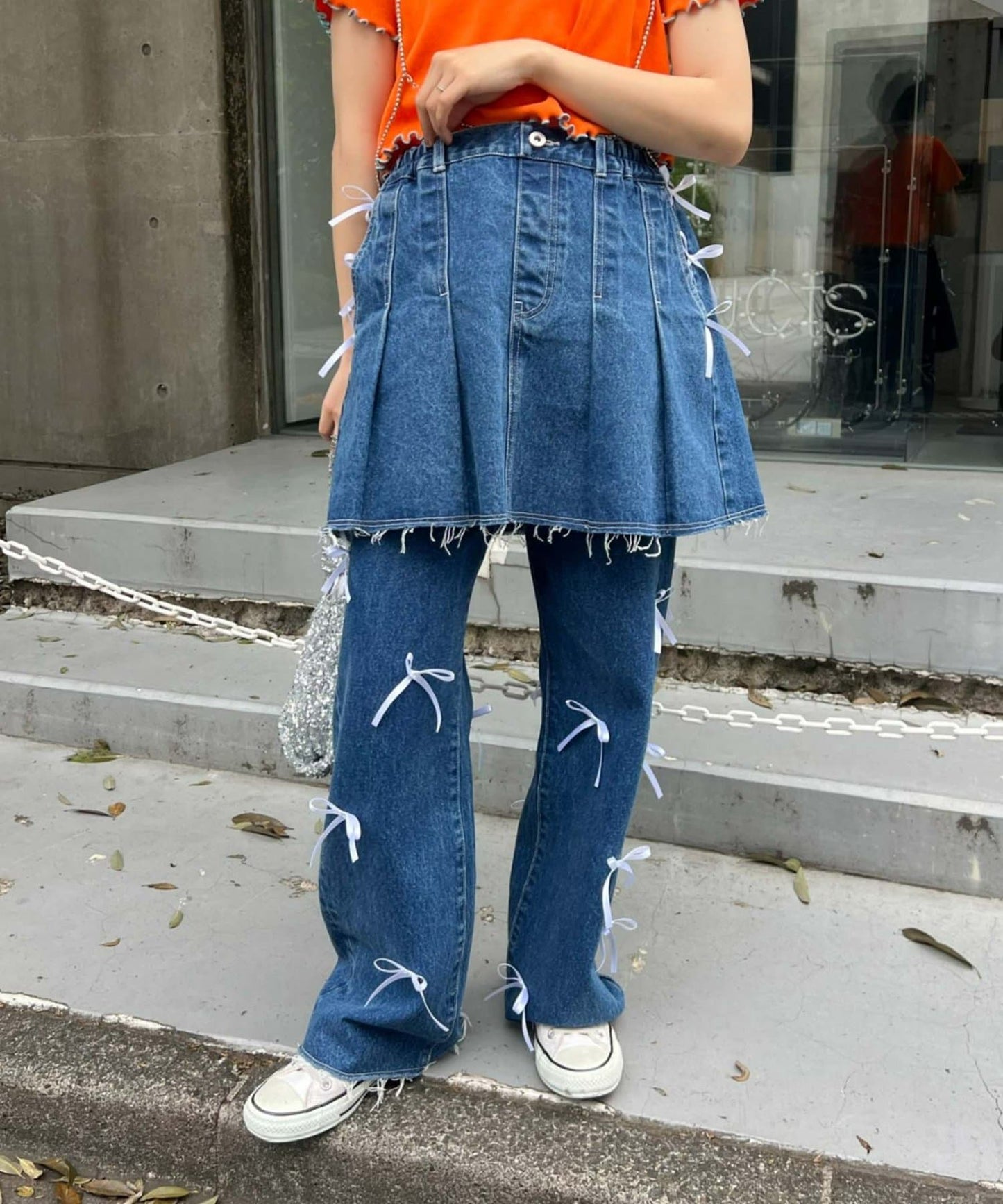 CIAOPANIC TYPY Satin Ribbon Denim Skirt  Girly Pleated Mini with Vintage Edge